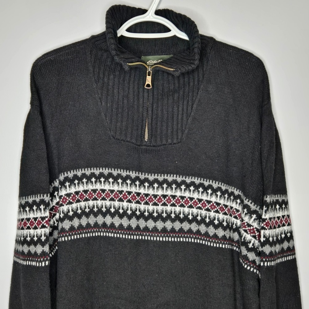 Eddie Bauer Mens XXL Black Fair‎ Isle 1/4 Zip Sweater Lambswool Cotton Blend
